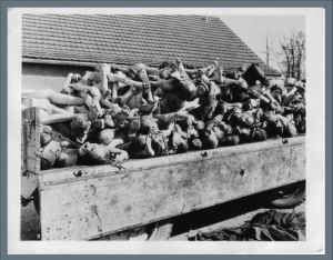 Leichenwagen auf dem Innenhof des KZ Buchenwald. (Quelle: National Archives Washington, Buchenwaldarchiv Signatur: 020-12.007, 16.04.1945, Fotograf: Walter Chichersky http://www.fotoarchiv.buchenwald.de/index.php?id=1160#/fotos/1089)
